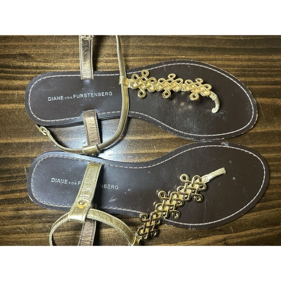 Diane Von Furstenberg Gold Brown Flat‎ Thong Sandals Ankle Strap Women's 8.5 - Picture 6 of 13